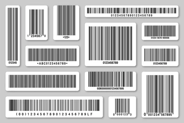 Ensemble de codes-barres de produits. Code de suivi d'identification. Numéro de série, identifiant du produit avec informations numériques. Étiquettes d'analyse de magasin ou de supermarché, étiquette de prix. Illustration vectorielle. — Image vectorielle