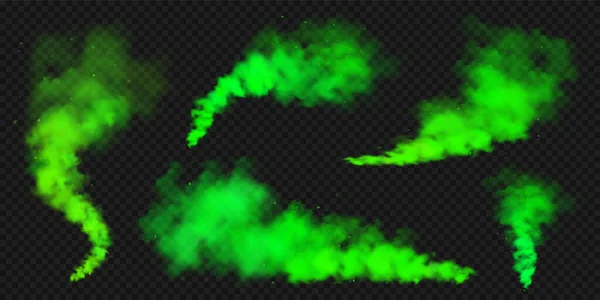 Realistische groene kleurrijke rook wolken, nevel effect. Gekleurde mist op donkere achtergrond. Damp in de lucht, stoomstroom. Vectorillustratie. — Stockvector