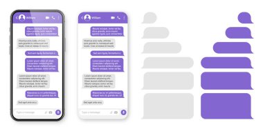 Mesajlaşma uygulaması olan gerçekçi bir akıllı telefon. Boş SMS metin çerçevesi. Menekşe mesaj baloncuklarıyla sohbet ekranı. Sosyal medya uygulaması. Vektör illüstrasyonu.