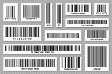 Bir dizi ürün barkodları. Kimlik takip kodu. Seri numarası, dijital bilgili ürün kimliği. Market ya da süpermarket tarama etiketleri, fiyat etiketleri. Vektör illüstrasyonu.