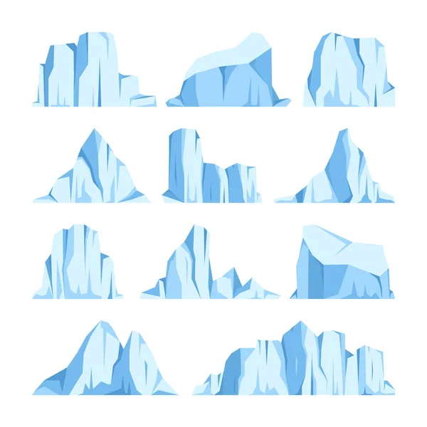 浮动的冰山集合。漂移的北极冰川，冰冷的海水。多雪的群山.融化的冰峰。南极雪景。南极和北极。矢量说明. — 图库矢量图片