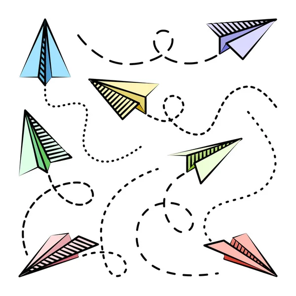 Vari piani di carta disegnati a mano. Aeroplani scarabocchi colorati con linea di rotta tratteggiata. Icona dell'aereo, silhouette semplici dell'aereo. Outline, line art. Illustrazione vettoriale. — Vettoriale Stock