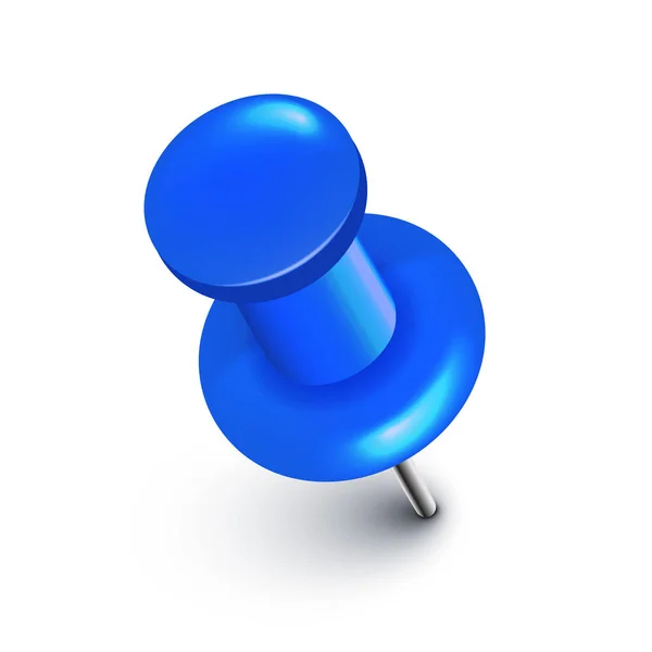 Realistický modrý špendlík. Palubní takt izolovaný na bílém pozadí. Plastový tlačný kolík s jehlou. Vektorová ilustrace. — Stockový vektor