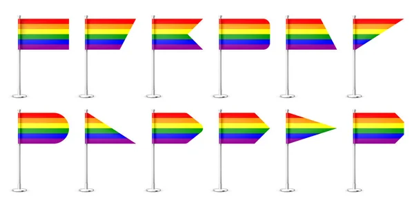 Realista varias banderas de mesa en un poste de acero cromado. Bandera de escritorio Rainbow LGBT hecha de papel o tela. Soporte de metal brillante. Mockup para promoción y publicidad. Ilustración vectorial — Vector de stock