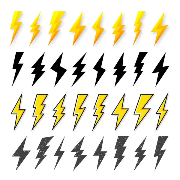 Black and yellow lightning bolt icons isolated on white background. Vintage flash symbol, thunderbolt with grunge texture. Simple lightning strike sign. Vector illustration. — Stock Vector