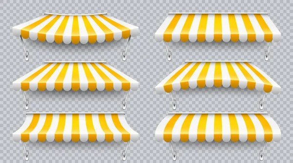Shop parasol met metalen beugel. Realistisch geel gestreepte café luifel. Openluchttent. Dak luifel. Zomer straat winkel. Vectorillustratie. — Stockvector
