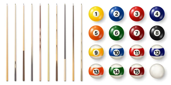 Colorful billiard balls with numbers and various pool cues. Glossy snooker ball. Sports equipment. Vector illustration. — Stock Vector