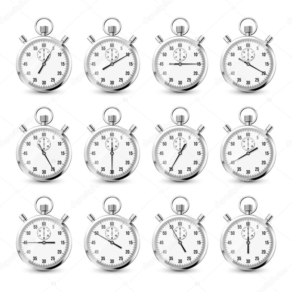 Realistic classic stopwatch icons. Shiny metal chronometer, time counter with dial. Countdown timer showing minutes and seconds. Time measurement for sport, start and finish. Vector illustration