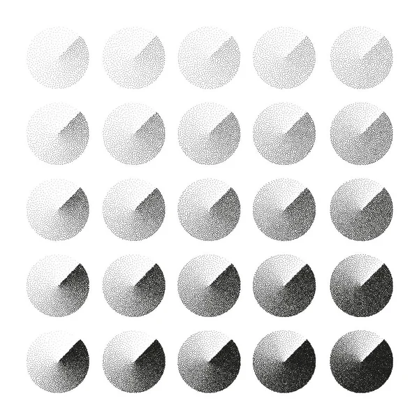 Kerek alakú pontozott tárgyak, stipple elemek. Halványuló gradiens. Stippling, dotwork rajz, árnyékolás pöttyökkel. Pixel szétesés, féltónusú hatás. Fehér zaj szemcsés textúra. Vektorillusztráció — Stock Vector