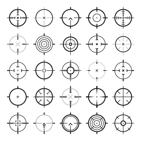 Crosshair, íconos vectoriales de armas. Ojo de toro, blanco negro o símbolo de puntería. Escándalo con rifle militar, señal de disparo. Apuntando, apuntando a un tiro. Tiro con arco, caza y tiro deportivo. Elemento interfaz de juego. — Archivo Imágenes Vectoriales