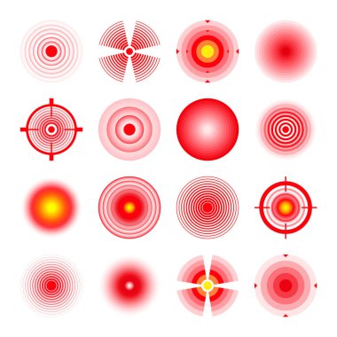 Ağrı yerelleştirme izleri. Ağrılı bölge, ağrılı nokta. Kırmızı daireler, hedefler. Baş ağrısı, çürük vücut parçaları. Sırt, boyun, kas ağrısı sembolü. Sağlık hizmeti reklamı, tıbbi bilgiler. Vektör illüstrasyonu.