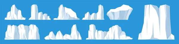 Zwevende ijsbergen collectie. Zwevende poolgletsjer, blok bevroren oceaanwater. IJsbergen met sneeuw. IJspiek smelten. Antarctisch besneeuwd landschap. Zuid- en Noordpool. Vectorillustratie. — Stockvector