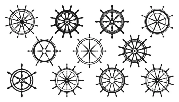Συλλογή από vintage τιμόνι. Πλοίο, σκάφος ρετρό τροχό σύμβολο. Ναυτική εικόνα πηδαλίου. Στοιχείο θαλάσσιου σχεδιασμού. Εικονογράφηση διανύσματος — Διανυσματικό Αρχείο