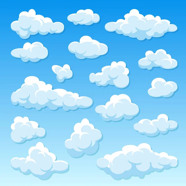 Várias nuvens redondas com sombra sobre fundo gradiente azul. Panorama do céu. Nuvem de desenhos animados simples. Design plano. Ilustração vetorial. —  Vetores de Stock