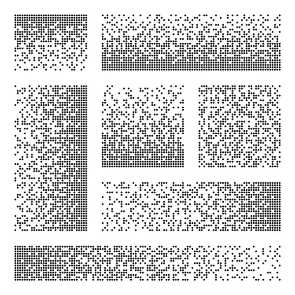 Распад пикселей, эффект распада. Различные прямоугольные элементы из круглых форм. Рассеянный пунктирный узор. Мозаичная текстура с простыми частицами. Векторная иллюстрация. — стоковый вектор