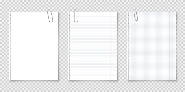 Hojas de papel en blanco realistas en formato A4 con clip metálico, soporte sobre fondo transparente. Página del cuaderno, documento. Plantilla de diseño o maqueta. Ilustración vectorial. — Vector de stock