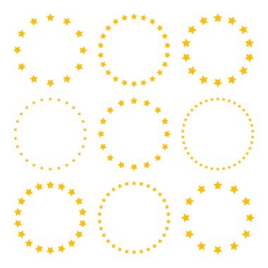 Çemberde çeşitli boyutlarda yıldızlar var. Yuvarlak çerçeve, sınır. Sarı yıldız şekli, basit bir sembol. Tasarım elemanı, süs. Vektör illüstrasyonu