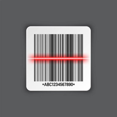 Gri arka planda gerçekçi bir barkod çıkartması. Kimlik takip kodu. Seri numarası, dijital bilgili ürün kimliği. Market ya da süpermarket tarama etiketleri, fiyat etiketleri. Vektör illüstrasyonu.