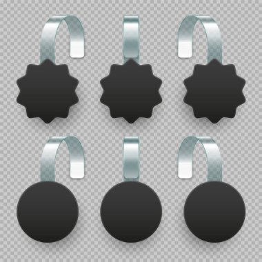 Boş süpermarket promosyon sallantıları. Rafların reklamları için gerçekçi bir vektör titreşim şablonu. İndirim ya da indirim etiketi. Özel teklif fiyat etiketi.