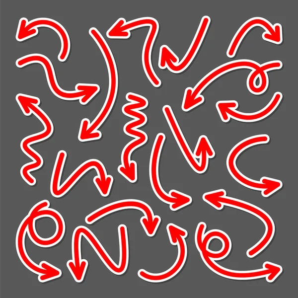 Kleurrijke hand getekende pijl stickers set. Rode wijzers collectie. Eenvoudige pijlen in verschillende vormen. Richting borden. Vectorillustratie. — Stockvector