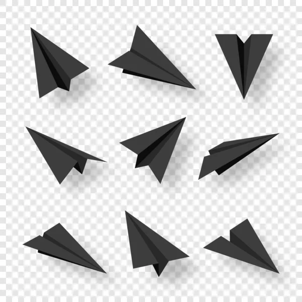 Realistas planos de papel feitos à mão preto isolado em fundo transparente. Aviões Origami em estilo plano. Ilustração vetorial. — Vetor de Stock