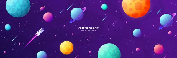 Espacio futurista moderno fondo colorido con cohete. Nave estelar, nave espacial en el cielo nocturno. Sistema solar, exploración de galaxias y universos. Ilustración vectorial . — Vector de stock