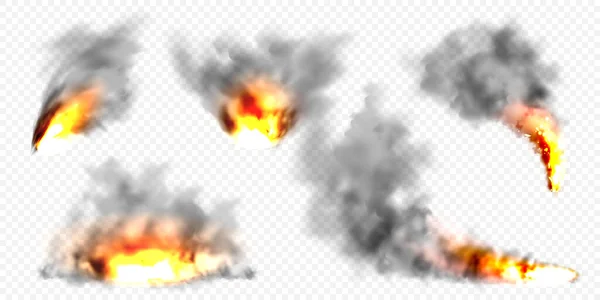 Realistic black smoke clouds and fire. Flame blast, explosion. Stream of smoke from burning objects. Forest fires. Transparent fog effect. Vector design element. — Stock Vector
