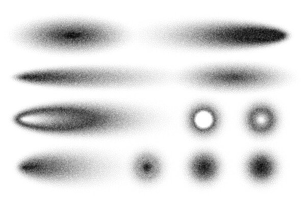 Набор теней Стиппла, пунктирные элементы дизайна. Увядающий градиент. Стиплинг, точечный рисунок, затенение точками. Дезинтеграция пикселей, эффект полутона. Белый шум и тонкая текстура. Векторная иллюстрация