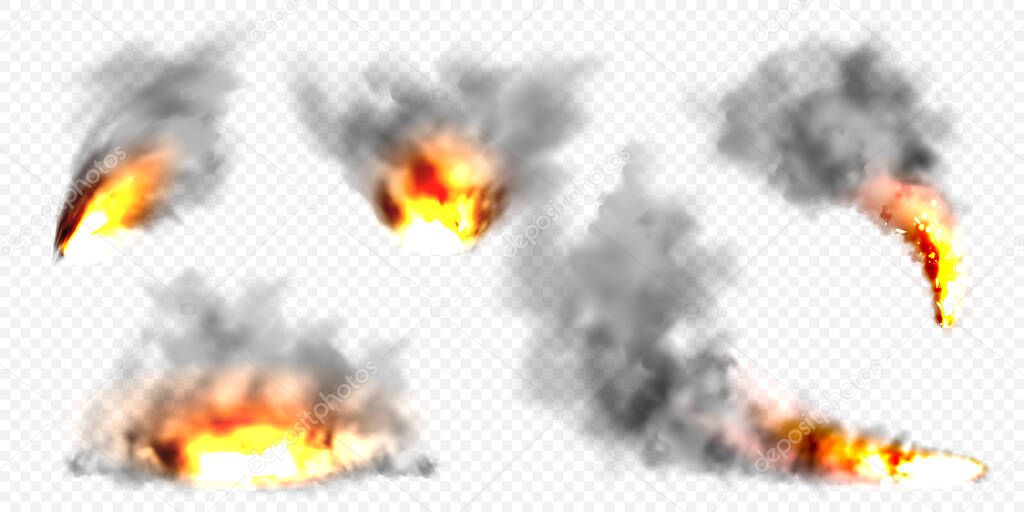 Realistic black smoke clouds and fire. Flame blast, explosion. Stream of smoke from burning objects. Forest fires. Transparent fog effect. Vector design element.