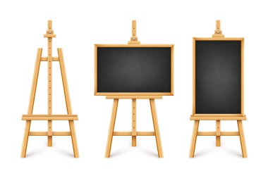 Ahşap sehpada gerçekçi siyah karatahta. Tahta karatahta, tahta çerçevede, tripodun üzerinde. Sunum tahtası, yazı yüzeyi, yazı, çizim. Çevrimiçi çalışma, öğrenme modeli. Vektör illüstrasyonu
