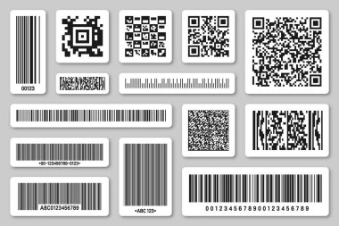 Bir dizi ürün barkodları ve QR kodları. Kimlik takip kodu. Seri numarası, dijital bilgili ürün kimliği. Market ya da süpermarket tarama etiketleri, fiyat etiketleri. Vektör illüstrasyonu.
