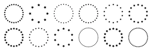 Звезды разных размеров расставлены по кругу. Круглая рамка, граница. Форма чёрной звезды, простой символ. Элемент дизайна, орнамент. Векторная иллюстрация — стоковый вектор