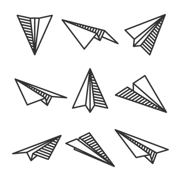 Divers avions en papier dessinés à la main. Avions doodle noirs. Icône de l'avion, silhouettes monochromes simples. Schéma, art linéaire. Illustration vectorielle. — Image vectorielle