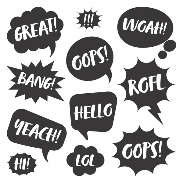 Black comic speech bubbles with handwritten text isolated on white background. Hand drawn retro cartoon stickers. Pop art style. Vector illustration — Stock Vector