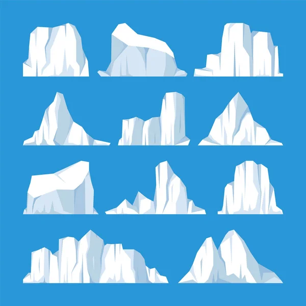 Colección de icebergs flotantes. Glaciar ártico a la deriva, bloque de agua congelada del océano. Montañas heladas con nieve. Derretimiento del pico de hielo. Paisaje nevado antártico. Polo Sur y Polo Norte. Ilustración vectorial. — Vector de stock