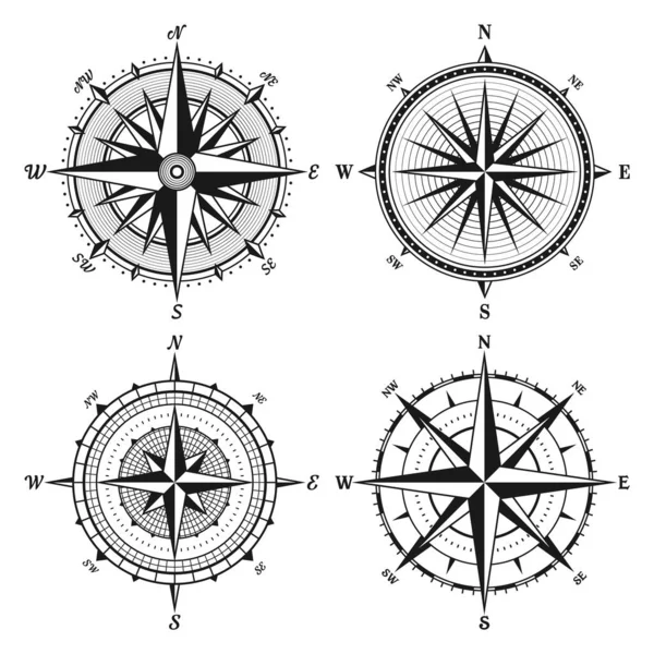 Vento marinho vintage subiu, carta náutica. Bússola de navegação monocromática com direções cardinais de Norte, Leste, Sul, Oeste. Posição geográfica, cartografia e navegação. Ilustração vetorial. —  Vetores de Stock