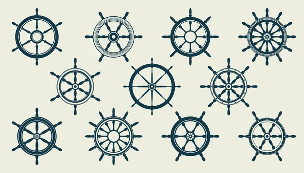Collezione di volanti vintage. Nave, yacht simbolo della ruota retrò. Icona del timone nautico. Elemento di design marino. Illustrazione vettoriale — Vettoriale Stock