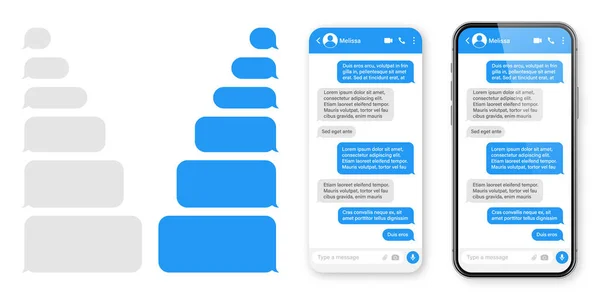 Realistische smartphone met messaging app. Blanco SMS tekst frame. Gesprek chatscherm met blauwe bericht bellen. Social media applicatie. Vectorillustratie. — Stockvector