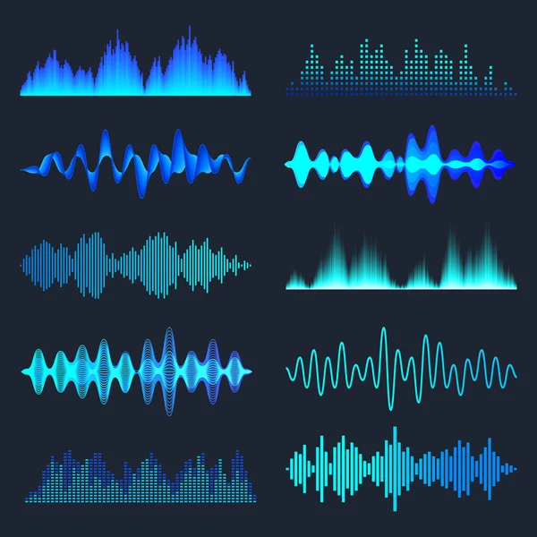 Blaue bunte Schallwellen Sammlung. Analoges und digitales Audiosignal. Musik-Equalizer. Interferenz-Sprachaufnahme. Hochfrequente Radiowelle. Vektorillustration. — Stockvektor