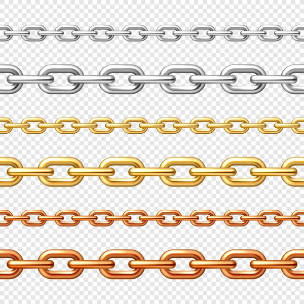 Реалистичные бесшовные золотые, серебряные и бронзовые цепи на клетчатом фоне. Металлическая цепь с блестящими золотыми кольцами. Векторная иллюстрация. — стоковый вектор