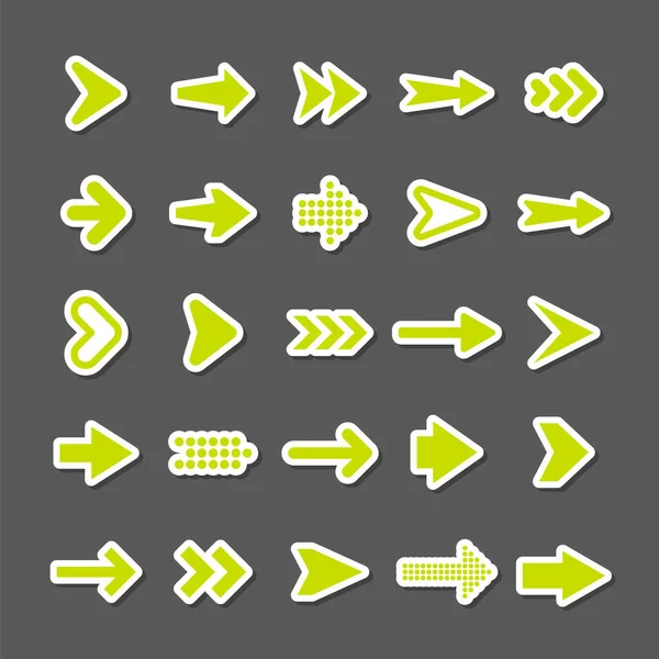 Kleurrijke pijlstickers ingesteld. Groene cursor pictogrammen, wijzers collectie. Eenvoudige pijlen in verschillende vormen. Vervolgens, achterste webtekens. Vectorillustratie. — Stockvector