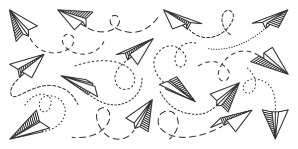 Vários aviões de papel desenhados à mão. Aviões pretos doodle com linha de rota pontilhada. Ícone de aeronave, silhuetas simples de avião monocromático. Esboço, arte de linha. Ilustração vetorial. — Vetor de Stock