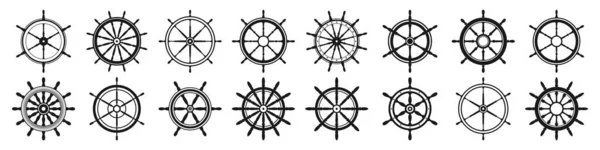 Collection of vintage steering wheels. Ship, yacht retro wheel symbol. Nautical rudder icon. Marine design element. Vector illustration — Stock Vector
