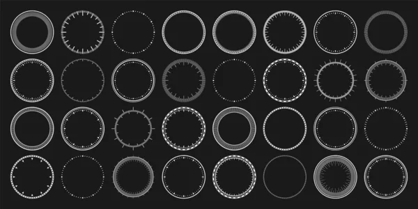 Mechanische wijzers, bezel. Witte wijzerplaat met minuut en uur markeringen. Timer of stopwatch element. Blanco meetcirkelschaal met verdelingen. Vectorillustratie. — Stockvector