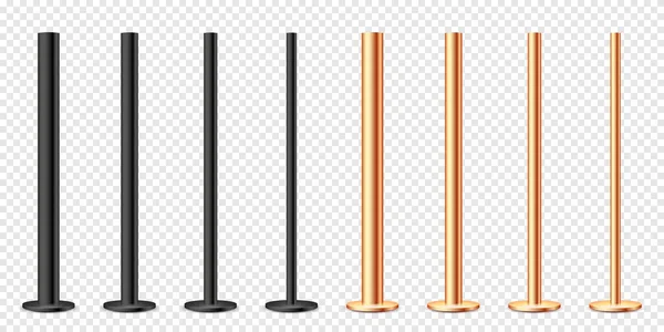 Realistic metal poles collection isolated on transparent background. Glossy bronze and steel pipes of various diameters. Billboard or advertising banner mount, holder. Vector illustration. — Stock Vector