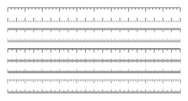 Bölünmüş farklı ölçeklerde. Uzunluğu, yüksekliği santimetre, milimetre ya da inç olarak ölçmek için gerçekçi ölçek. Cetvel, mezura işaretleri, boyut göstergeleri. Vektör illüstrasyonu