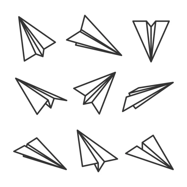 Divers avions en papier dessinés à la main. Avions doodle noirs. Icône de l'avion, silhouettes monochromes simples. Schéma, art linéaire. Illustration vectorielle. — Image vectorielle