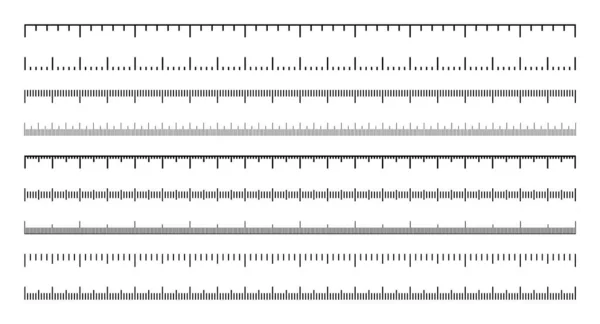 Различные шкалы измерений с разделениями. Реалистичная шкала для измерения длины или высоты в сантиметрах, миллиметрах или дюймах. Линейка, метки от ленты, индикаторы размера. Векторная иллюстрация — стоковый вектор