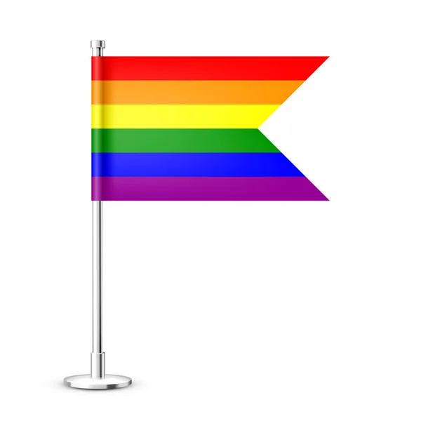 Bandera de mesa realista en un poste de acero cromado. Bandera de escritorio Rainbow LGBT hecha de papel o tela. Soporte de metal brillante. Mockup para promoción y publicidad. Ilustración vectorial — Vector de stock