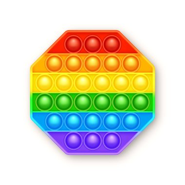 Renkli silikon anti-stres oyuncağı beyaz arka planda izole edilmiş. Çocuklar için moda bir duyusal oyun. Gökkuşağı, parlak renkli patlamış baloncuklu hareketli oyuncağı itin. Vektör illüstrasyonu